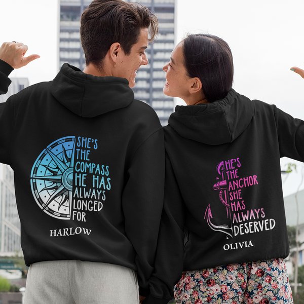 Personalisierte Anker Kompass immer verdient langes Paar T-shirt Sweatshirt Hoodie mit Initiale und Name Valentinstag Jahrestag Geschenk für ihn ihr