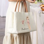 Personalisierte Sternzeichen Geburtsblume Canvas-Tasche mit Cartoon Charakter Namen und PU-Leder Griff Tote Bag Geburtstag Geschenk für Damen