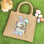 Personalised Cute Bow Easter Bunny Initial Jute Tote Bag with Name and Handle for Holding Easter Eggs Birthday Easter Party Gift for Kids