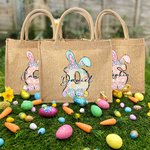 Personalised Cute Bow Easter Bunny Initial Jute Tote Bag with Name and Handle for Holding Easter Eggs Birthday Easter Party Gift for Kids