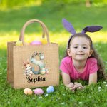 Personalised Watercolour Bunny Flowers Eggs Initial Jute Tote Bag with Name Easter Birthday Gift for Kids