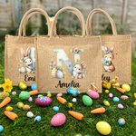 Personalised Watercolour Bunny Flowers Eggs Initial Jute Tote Bag with Name Easter Birthday Gift for Kids