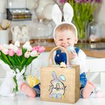 Personalised Cute Bow Easter Bunny Initial Jute Tote Bag with Name and Handle for Holding Easter Eggs Birthday Easter Party Gift for Kids