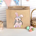 Personalised Cute Bow Easter Bunny Initial Jute Tote Bag with Name and Handle for Holding Easter Eggs Birthday Easter Party Gift for Kids