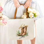 Personalised Birth Flower Western Cowgirl Boots Design Canvas Tote Bag with Name and Leather Handle Birthday Bridesmaid Gift for Women
