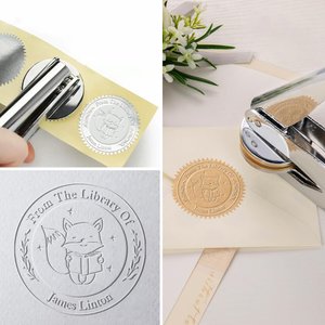 Timbro a rilievo manuale personalizzato con nome per riccio, volpe e animali, regalo di compleanno del club del libro per i bambini topi di biblioteca.