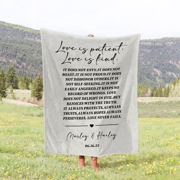 Personalised Love Is Patient Soft Throw Blanket with Names Valentine's Day Wedding Gift for Newlywed Couple