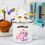 Taza esmaltada con nombre personalizada Fantasía Unicornio Dinosaurio Dibujos animados Número 12oz Día del niño Vuelta al cole Regalo para niños Niñas