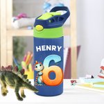 Personalized Fantasy Unicorn Dinosaur Number 12oz Insulated Water Bottle with Handle and Silicone Straw Children's Day Back to School Gift for Kids