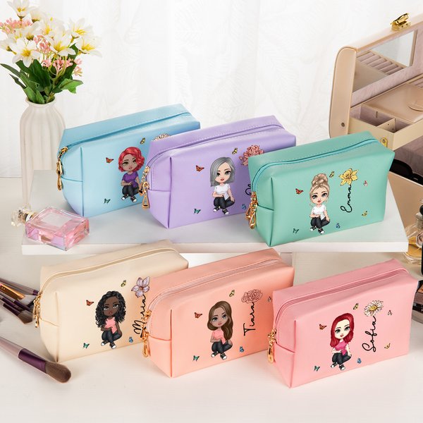 Neceser de maquillaje personalizado de cuero PU con personaje de dibujos animados flor de nacimiento y nombre regalo de cumpleaños para mujer y niña