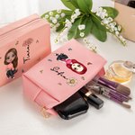 Neceser de maquillaje personalizado de cuero PU con personaje de dibujos animados flor de nacimiento y nombre regalo de cumpleaños para mujer y niña