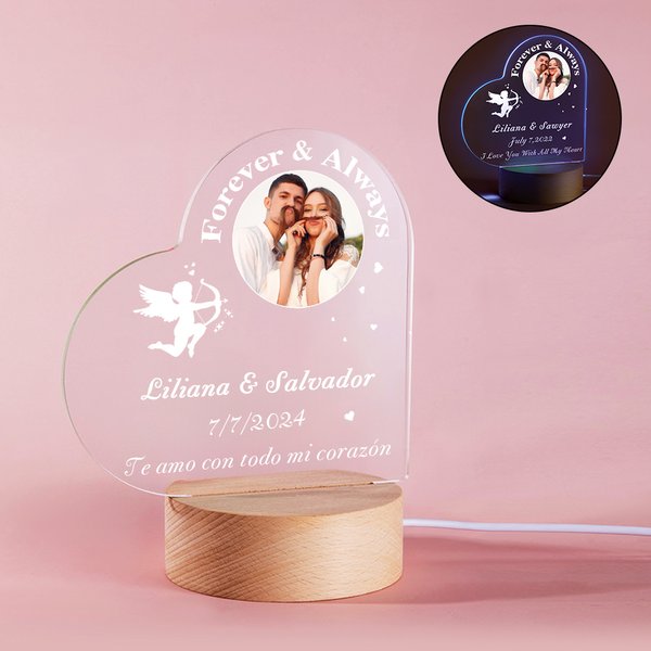 Luz nocturna LED personalizada en forma de corazón con Cupido nombres de la pareja y base de madera regalo para el Día de San Valentín