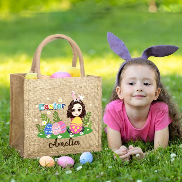 Personalized Funny Flowers Green Grass Hug Egg Cartoon Character Jute Tote Bag with Name Easter Activity Party Favors Gift for Kids
