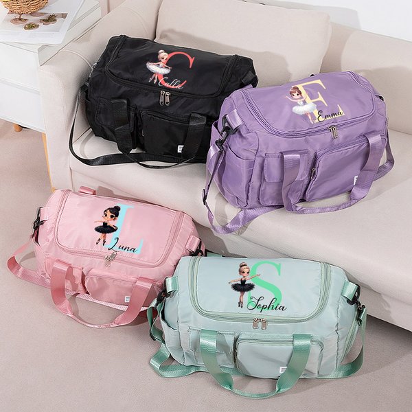 Personalised Multi-compartment Waterproof Ballet Girl Travel Duffel Bag with Name Initial and Shoulder Strap Birthday Gift for Ballerina Ballet Lover