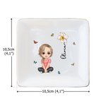 Personalisierte Cartoon-Figur Quadrat Keramik Schmuckschale mit Geburtsblume und Namen Hochzeit Verlobung Geschenk für Damen