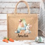 Personalised Watercolour Bunny Flowers Eggs Initial Jute Tote Bag with Name Easter Birthday Gift for Kids