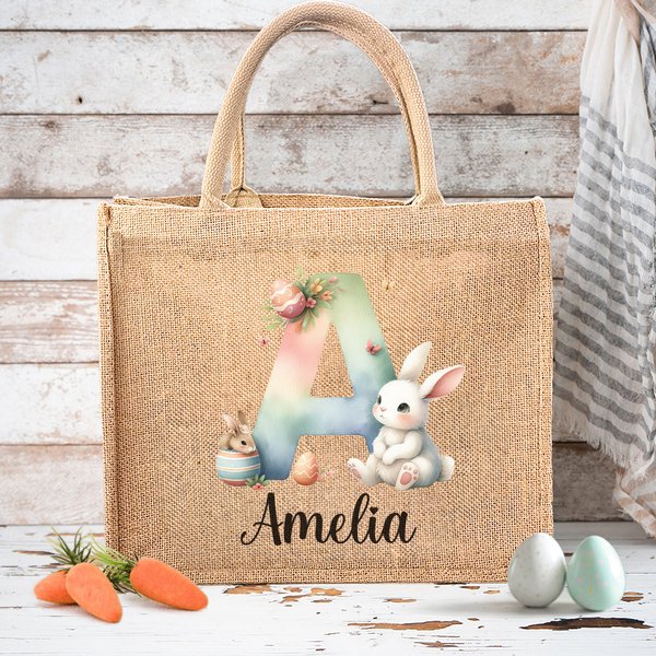 Personalized Watercolor Bunny Flowers Eggs Initial Jute Tote Bag with Name Easter Birthday Gift for Kids