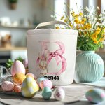 Personalisierte rosa Schleife Hase erste wiederverwendbare Leinwand Korb mit Namen Ei Jagd Zubehör Geburtstag Party Geschenk für Jungen Mädchen