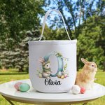 Personalised Cute Watercolour Easter Bunny Initial Reusable Canvas Basket with Name Birthday Easter Party Gift for Kids