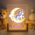 Personalized Cute Fantasy Unicorn Moon Name Design LED Night Light with Wooden Base Nursery Room Decor Birthday Baby Shower Gift for Kids