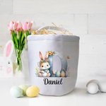 Personalised Cute Watercolour Easter Bunny Initial Reusable Canvas Basket with Name Birthday Easter Party Gift for Kids