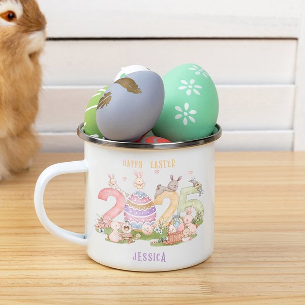 Tasse en acier inoxydable émaillée avec nom, personnalisée Happy 2025 Easter Cute Bunny Pattern 11oz Easter Family Gathering Party Party Gift for Kids