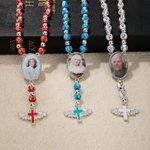 Angel Wings Embrace, Sacred Cross Endure - Personalized Photo Rosary Beaded Necklace Memorial Religious Gift