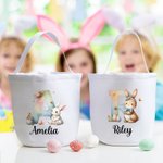 Personalised Cute Watercolour Easter Bunny Initial Reusable Canvas Basket with Name Birthday Easter Party Gift for Kids