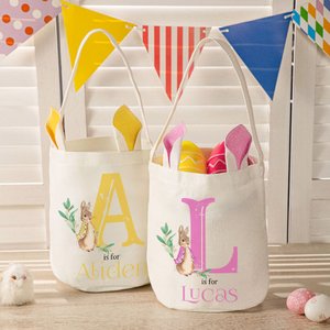 Personalised Cute Peter Rabbit Bunny Ears Bucket Bag Basket with Initial and Name Easter Egg Hunt Supplies Birthday Party Favors Gift for Kids