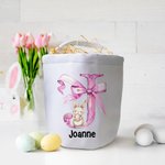 Personalisierte rosa Schleife Hase erste wiederverwendbare Leinwand Korb mit Namen Ei Jagd Zubehör Geburtstag Party Geschenk für Jungen Mädchen