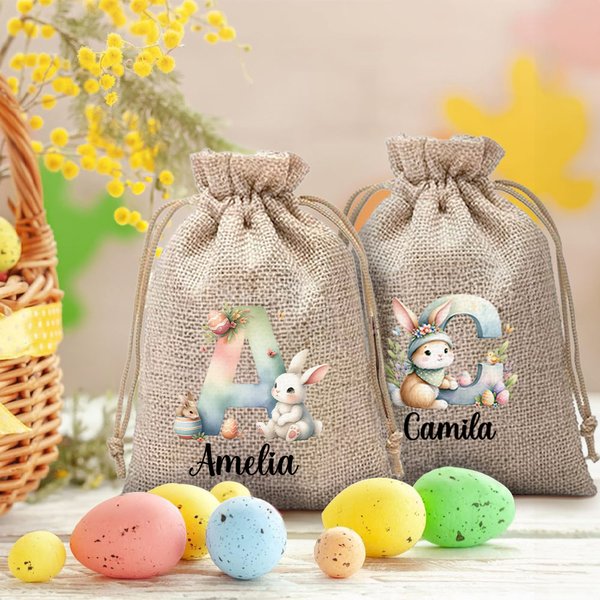 Personalisierte Niedliche Aquarell Jute Osterhase-Tasche mit Kordelzug Initilale Namen Geburtstag Ostern Eiersuche Party Geschenk für Mädchen Jungen