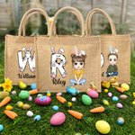 Personalisierte niedlichen Osterhasen Initial Name Cartoon Charakter große Jute Tote Tasche Ostereier Jagd Geburtstag Geschenk für Mädchen Jungen