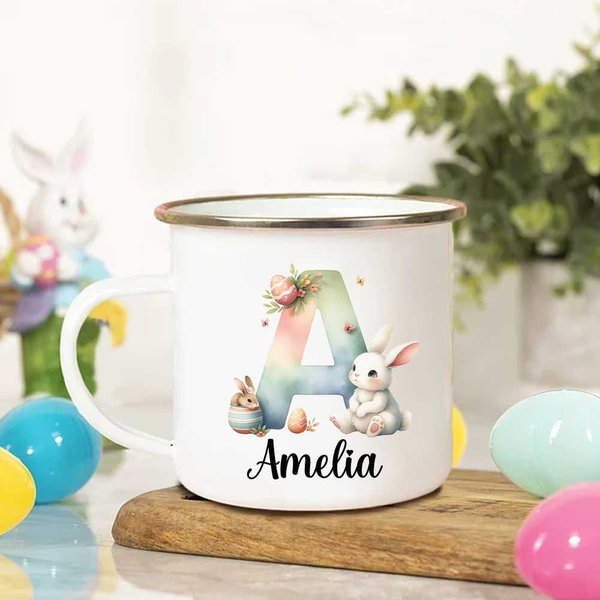 Personalisierte niedliche Aquarell Osterhase erste 11oz Emaille Becher mit Namen Geburtstag Ostern Party Geschenk für Kinder