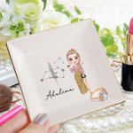 Personalized Faux Glitter Zodiac Birth Flower Cartoon Ceramic Trinket Jewellery Dish with Name Birthday Wedding Home Decor Gift for Women Bridesmaid