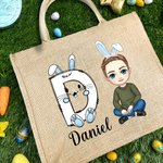 Personalisierte niedlichen Osterhasen Initial Name Cartoon Charakter große Jute Tote Tasche Ostereier Jagd Geburtstag Geschenk für Mädchen Jungen