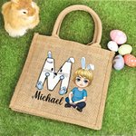 Personalisierte niedlichen Osterhasen Initial Name Cartoon Charakter große Jute Tote Tasche Ostereier Jagd Geburtstag Geschenk für Mädchen Jungen