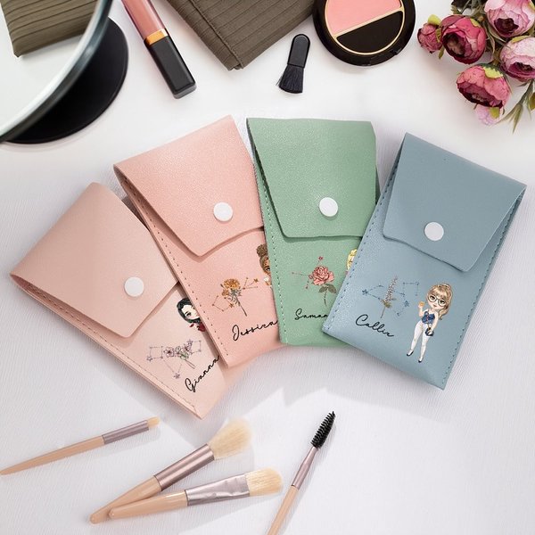 Personalised Zodiac Sign Birth Flower Cartoon Character Name  Makeup Brush Bag with 8 Pcs Makeup Brushes Birthday Gift for Women