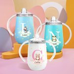 Personalisierter Initiale Waldtier Name 295 ml Isolierter Trinkbecher mit Deckel und Henkel Geburtstag Baby Party Schulanfang Geschenk für Kinder