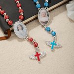 Personalized Photo Cross Beaded Necklace with Angel Wings Cross Pendant Memorial Prayer Religious Gift for Family Christian