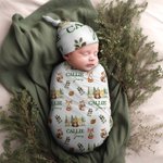 Personalised Cute Butterfly Rabbit Bird Woodland Animals Swaddle Blanket and Knot Hat Set with Name Baby Shower Birthday Gift for Newborns