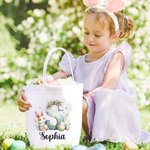 Personalised Cute Watercolour Easter Bunny Initial Reusable Canvas Basket with Name Birthday Easter Party Gift for Kids