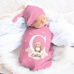Set de pañales y gorro de nudo con iniciales y nombre de animalitos 100% algodón personalizado y multicolor Baby Shower Regalo de bautizo para recién nacido