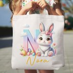 Personalisierte niedliche Schleife Hase Ei Floral Initial Canvas Tasche mit Namen Osterei Jagd Spiel Schule Party Geschenk für Kinder