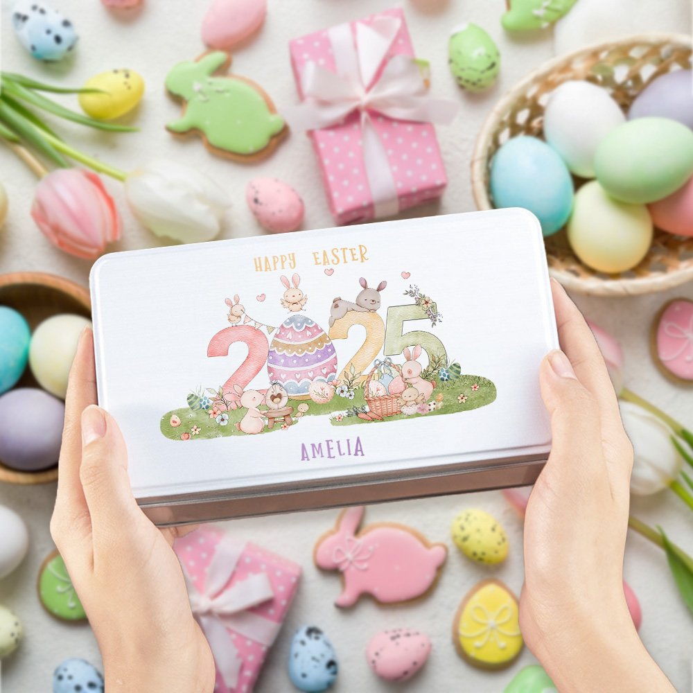 Personalizado 2025 Huevos de Pascua del conejito de grado alimenticio de metal Candy Chocolate Caja de lata con el nombre de Pascua Cumpleaños de regalo para los niños de la familia 4