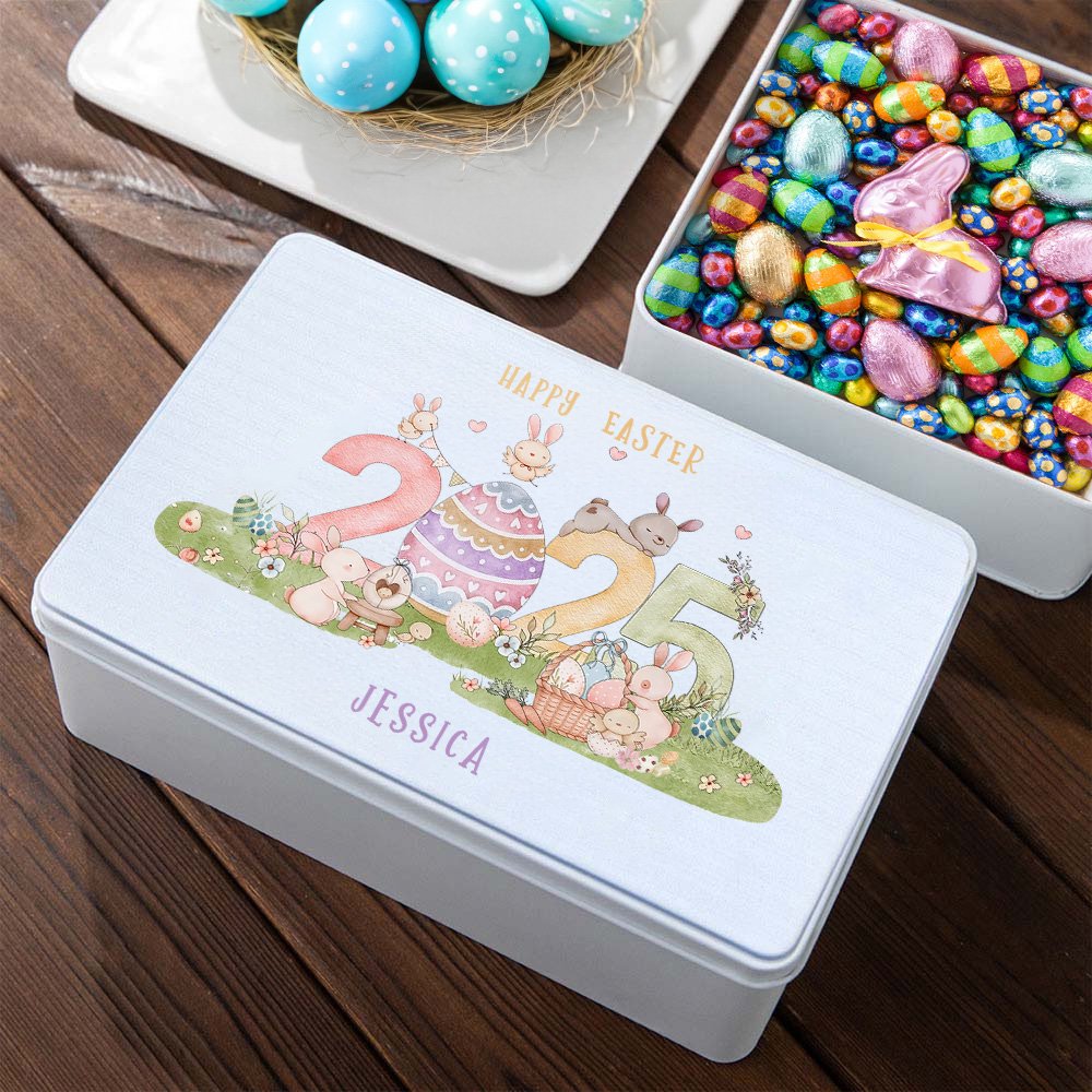 Personalizado 2025 Huevos de Pascua del conejito de grado alimenticio de metal Candy Chocolate Caja de lata con el nombre de Pascua Cumpleaños de regalo para los niños de la familia 3