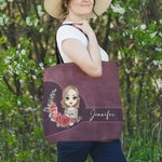 Personalized Retro Birth Flower Wreath Cartoon Character Large Tote Bag with Name Birthday Mother's Day Gift for Women
