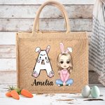 Personalisierte niedlichen Osterhasen Initial Name Cartoon Charakter große Jute Tote Tasche Ostereier Jagd Geburtstag Geschenk für Mädchen Jungen