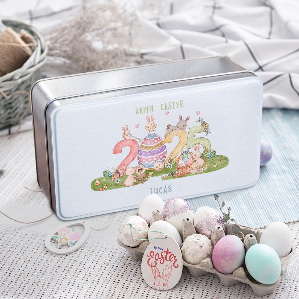 Personalizado 2025 Huevos de Pascua del conejito de grado alimenticio de metal Candy Chocolate Caja de lata con el nombre de Pascua Cumpleaños de regalo para los niños de la familia 2