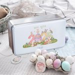 Personalizado 2025 Huevos de Pascua del conejito de grado alimenticio de metal Candy Chocolate Caja de lata con el nombre de Pascua Cumpleaños de regalo para los niños de la familia 2