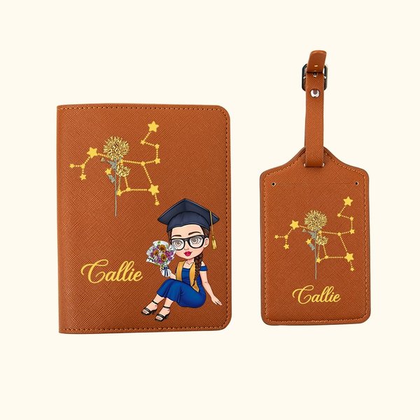 Personalized Cartoon Graduate Horoscope Birth Flower PU Leather Passport Holder with Name Travel Accessory Graduation Gift for Graduates Women